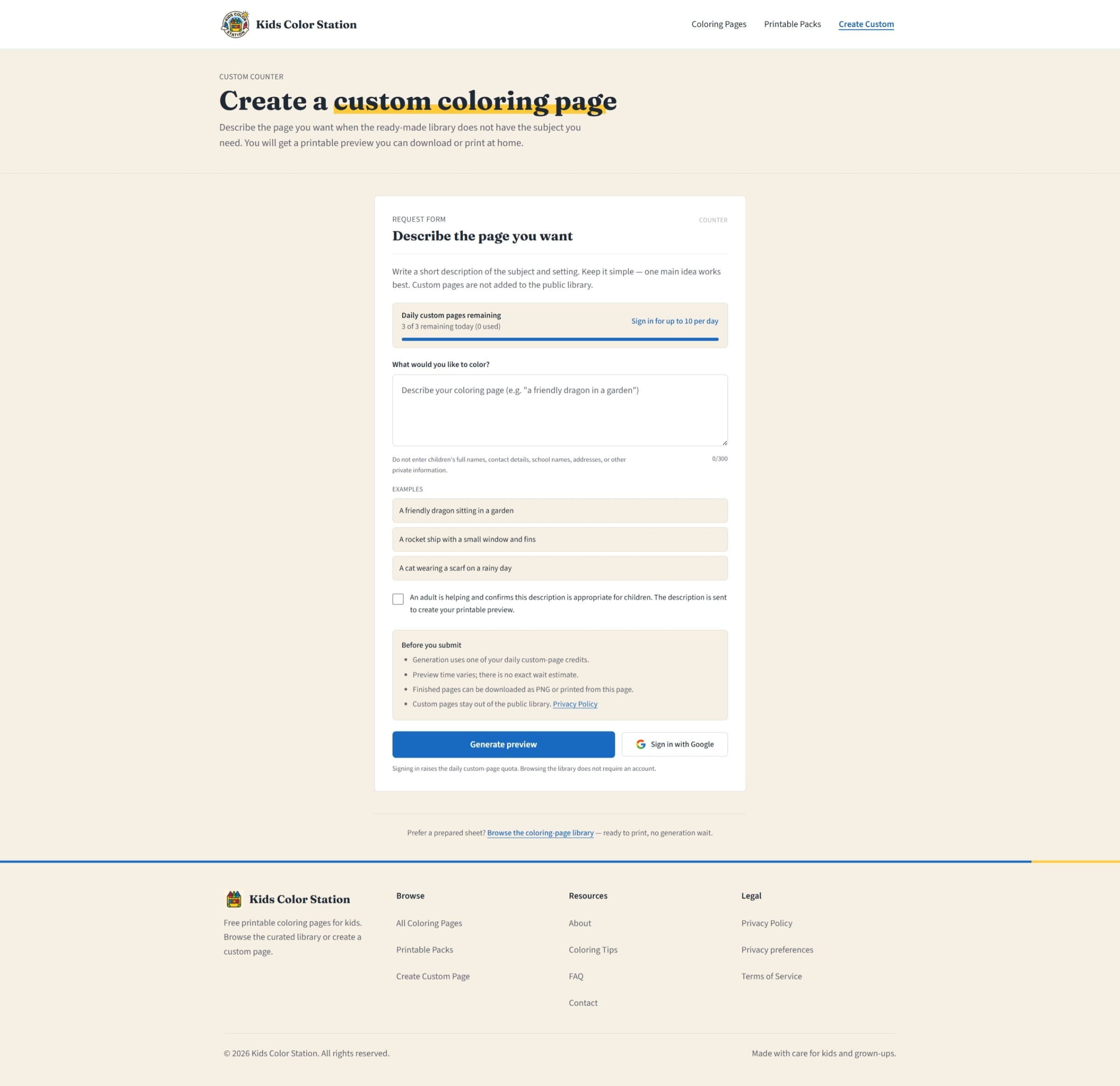 Create Custom coloring-page interface with a description form, a daily generation quota, example prompts, an adult-confirmation checkbox, and Google sign-in.