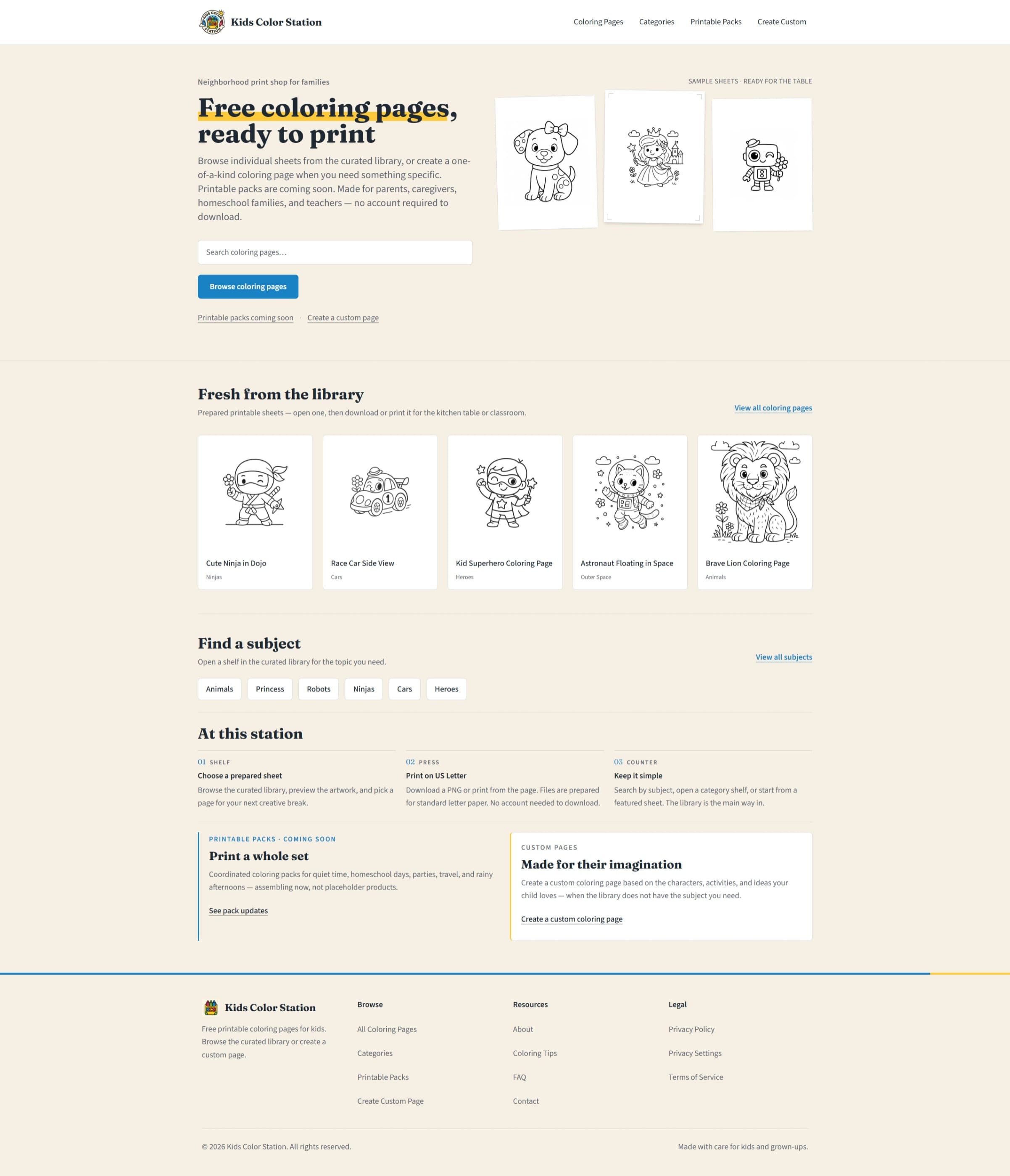 Rebranded Kids Color Station homepage with the tagline “Free coloring pages, ready to print,” a search bar, sample coloring sheets, a “Fresh from the library” row, and a “Find a subject” shelf selector.