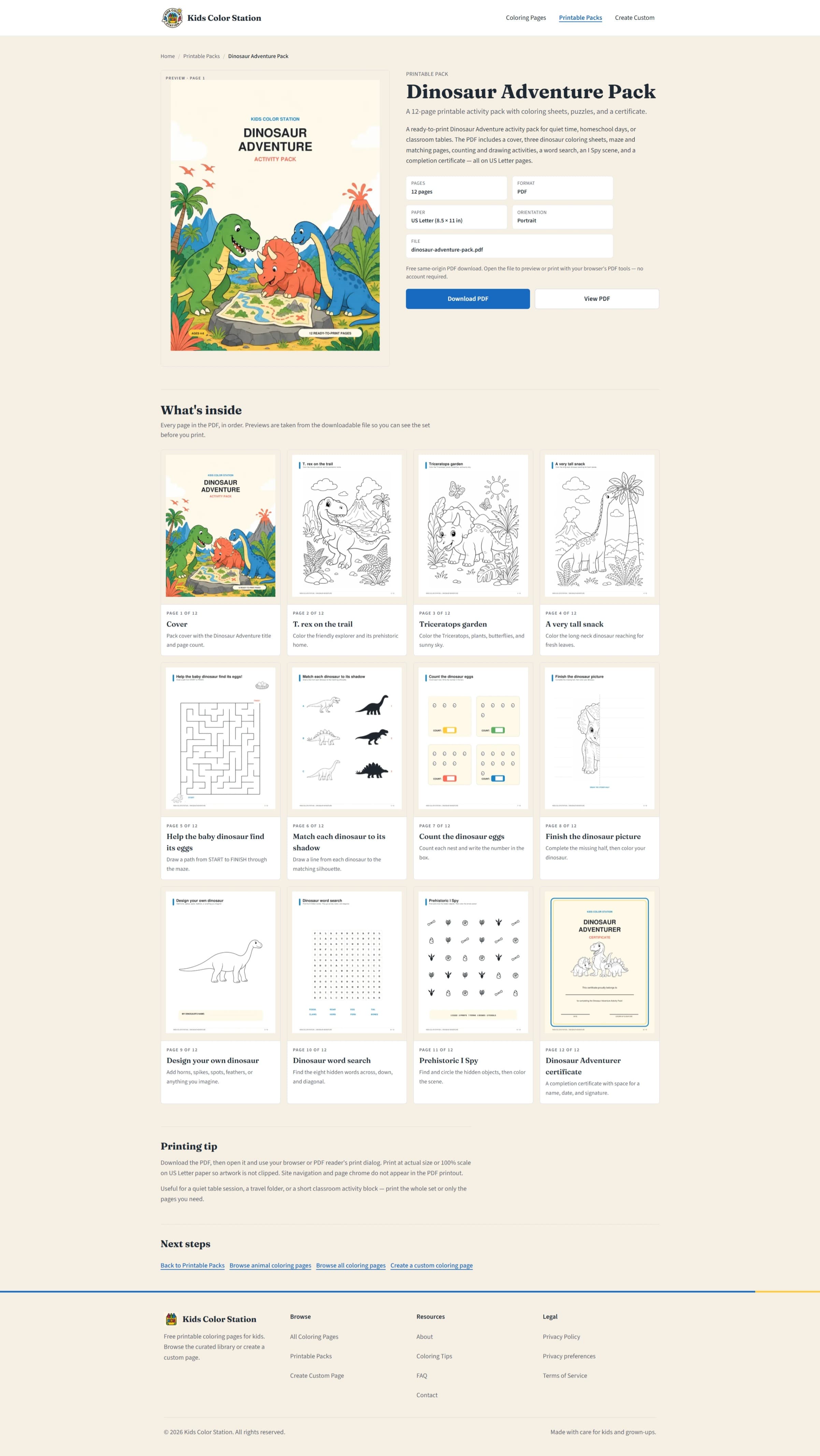 Dinosaur Adventure Pack detail page showing a “What’s inside” grid of the 12 printable pages — coloring sheets, a maze, a matching game, counting, a word search, and a completion certificate.