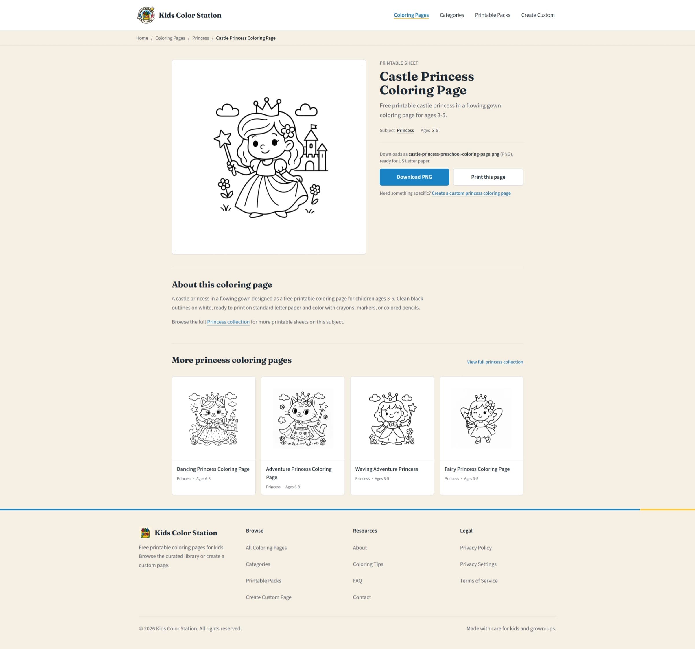 Castle Princess coloring-page detail view with a large printable preview, Download PNG and Print buttons, an “About this coloring page” description, and a row of related pages.