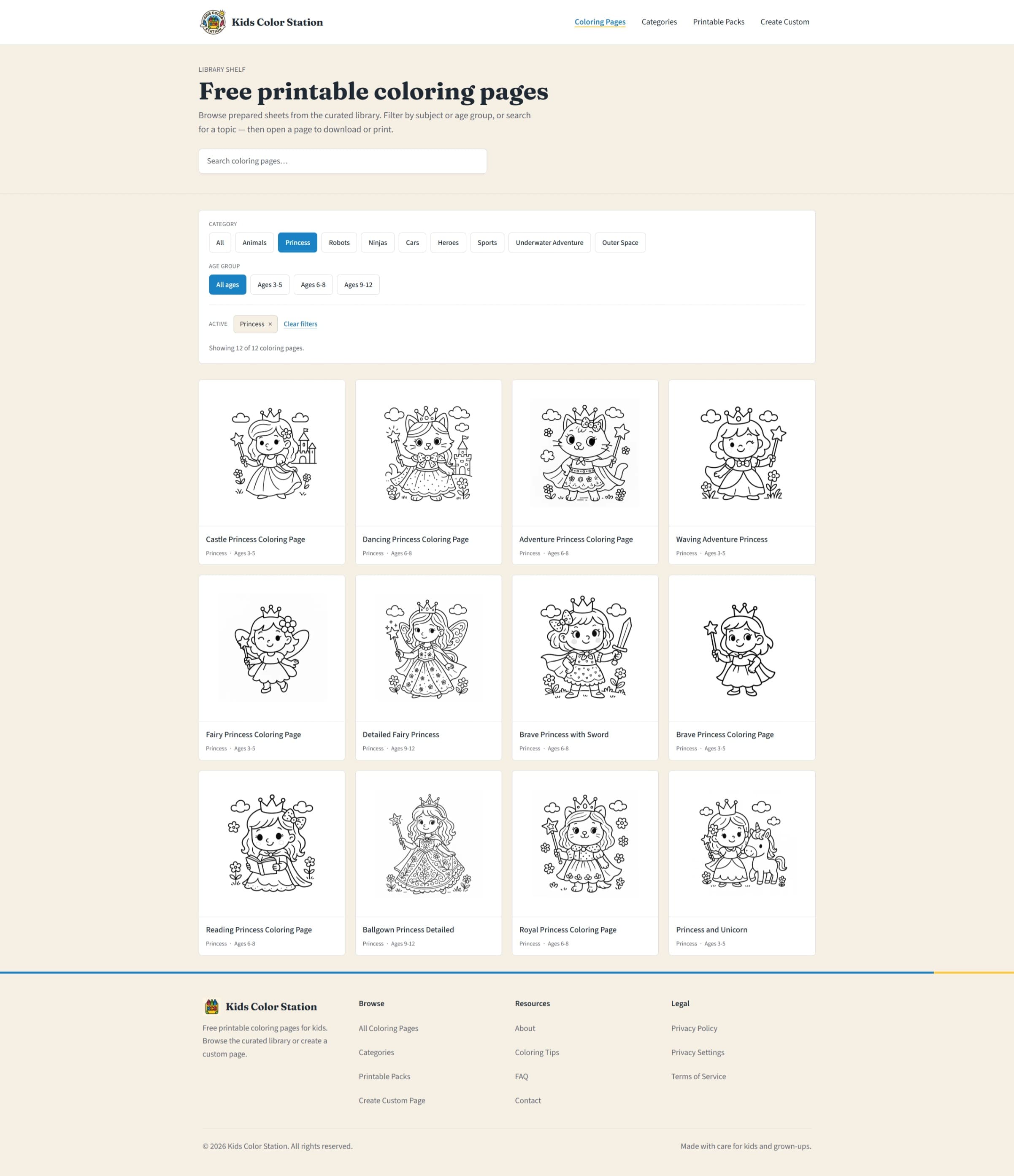 Coloring-page library titled “Free printable coloring pages” with category and age-group filters above a grid of printable princess coloring pages.