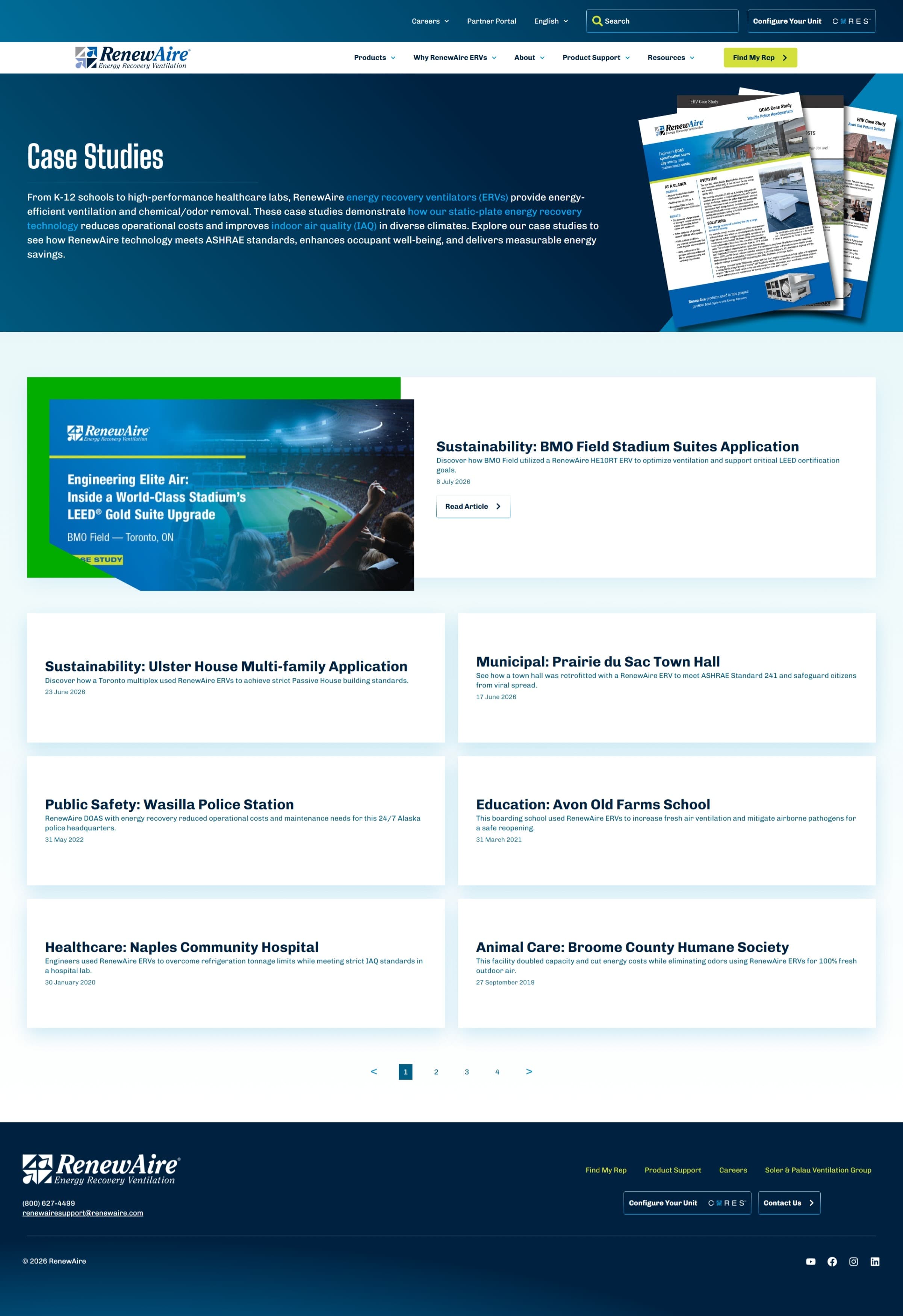 RenewAire Case Studies listing page with a featured stadium case study and a paginated grid of application case studies across schools, municipal, healthcare, and other markets.