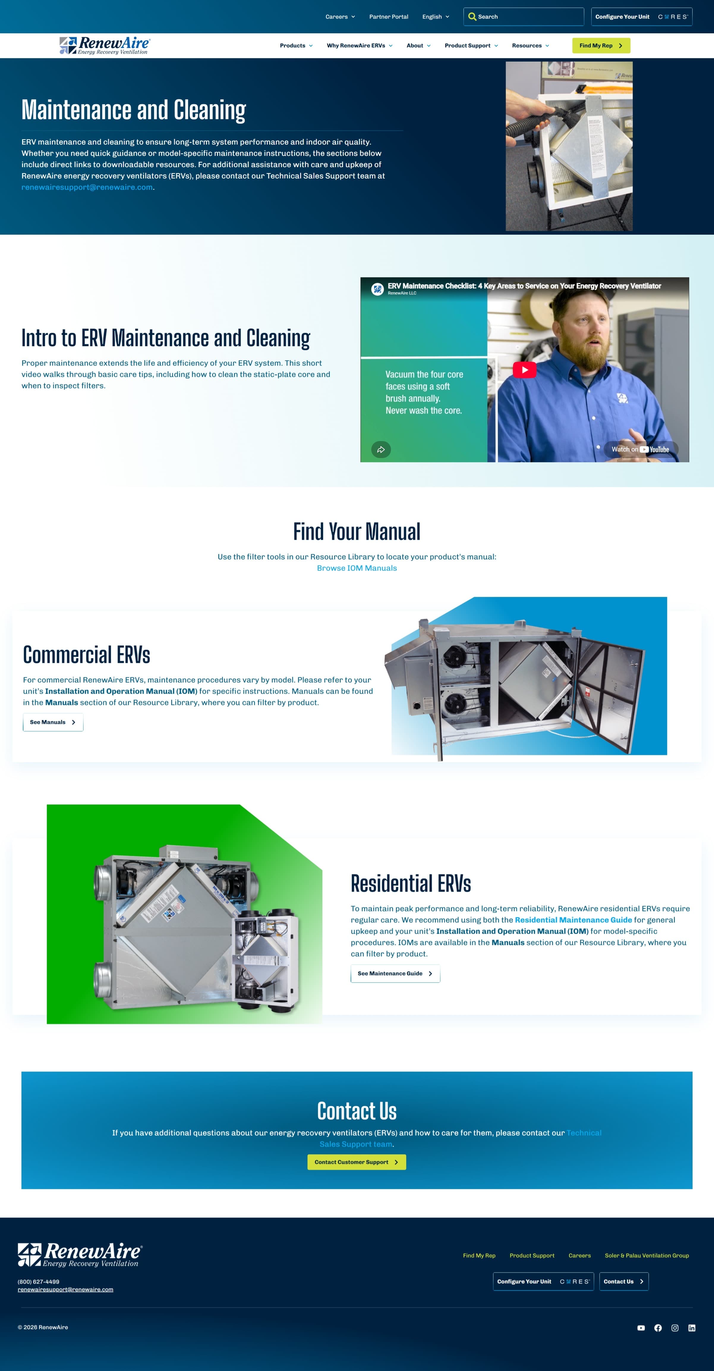 RenewAire Maintenance and Cleaning support page with a maintenance video, a Find Your Manual tool, and commercial and residential ERV maintenance sections.