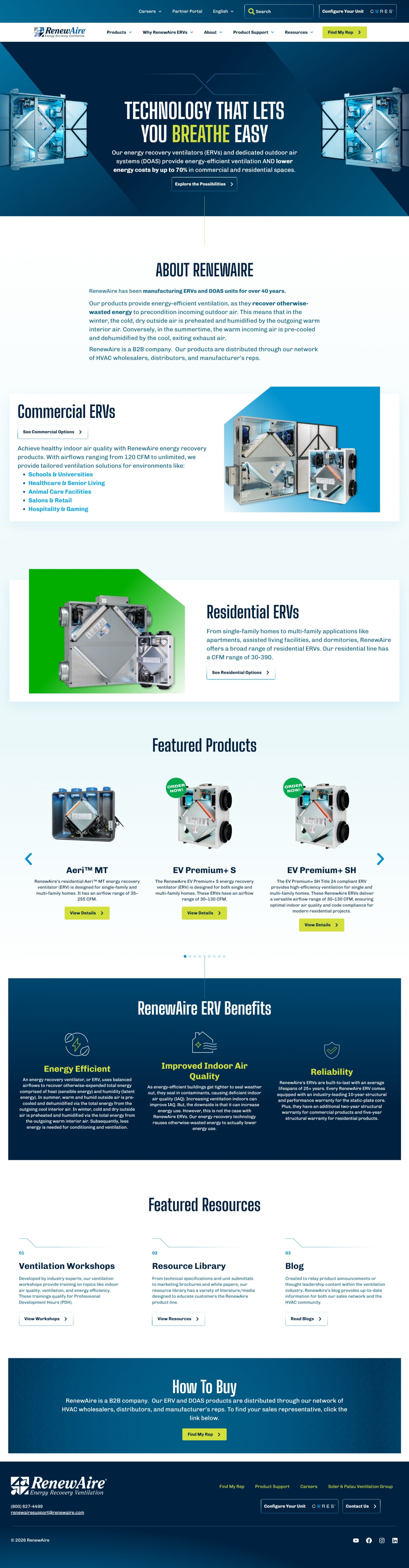 RenewAire WordPress homepage with a hero, an About RenewAire section, Commercial and Residential ERV sections, featured products, an ERV benefits section, and a How To Buy area.