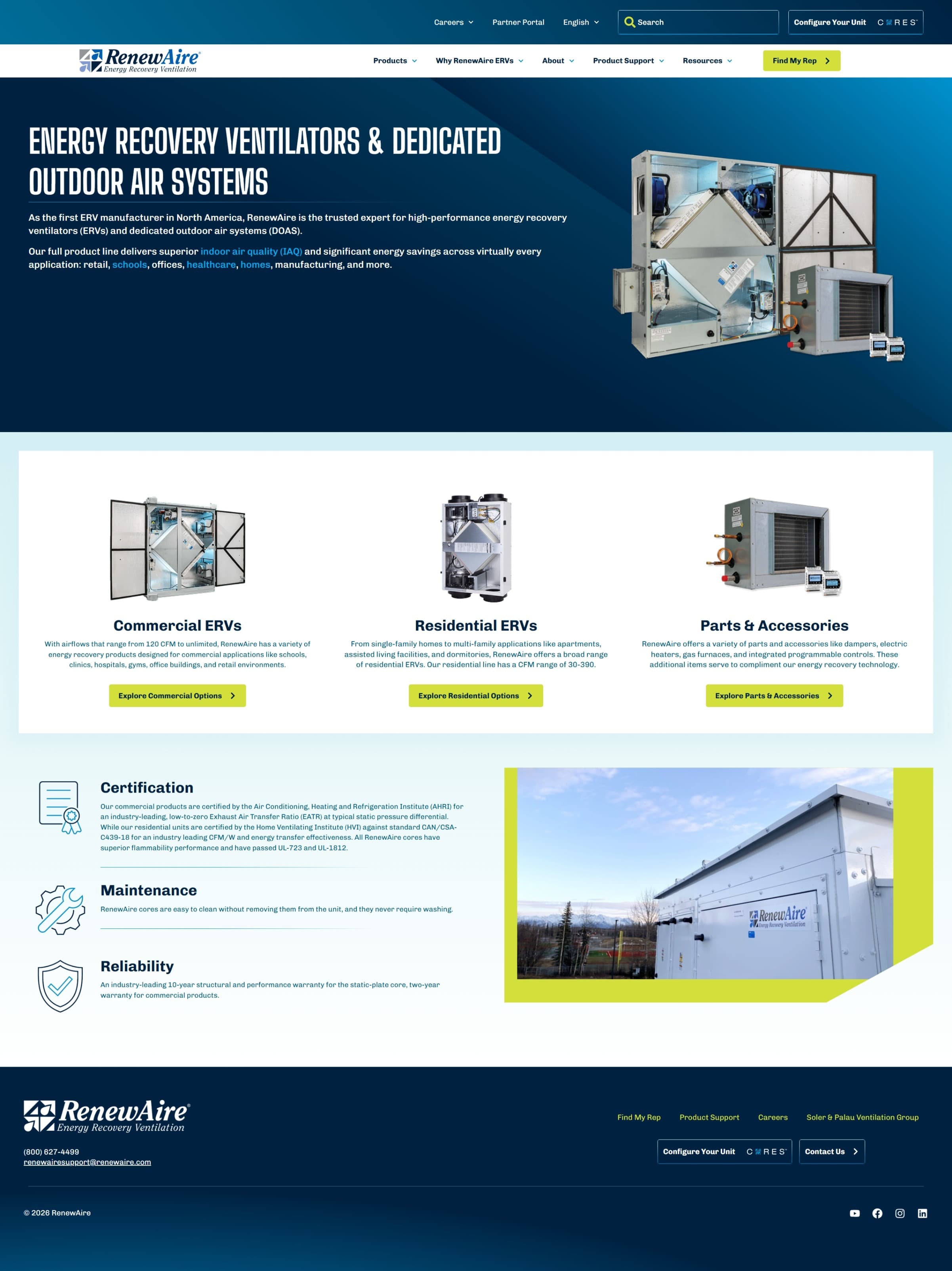 RenewAire Energy Recovery Ventilators and Dedicated Outdoor Air Systems landing page with Commercial ERVs, Residential ERVs, and Parts & Accessories sections plus certification, maintenance, and reliability highlights.