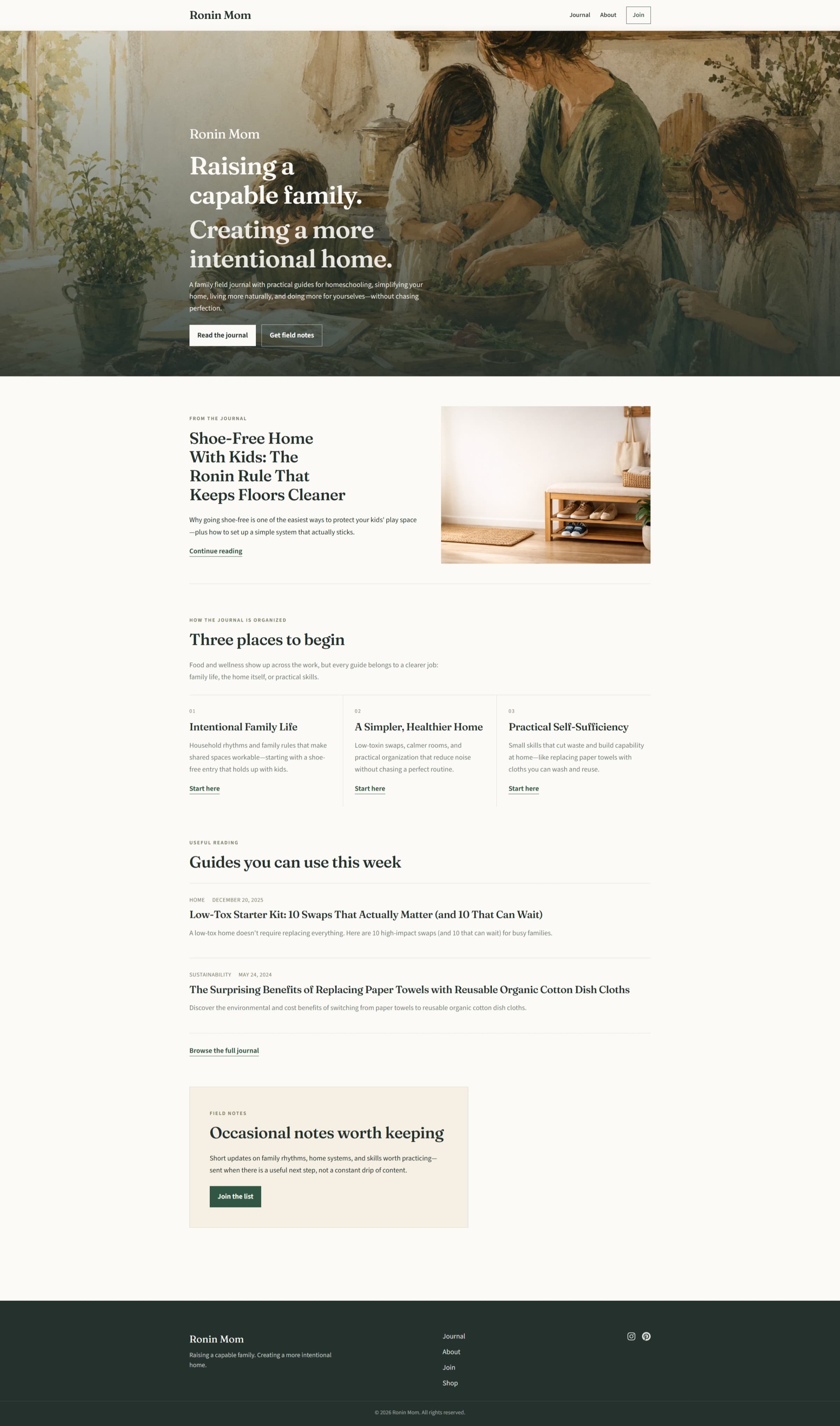 Ronin Mom homepage with the tagline “Raising a capable family. Creating a more intentional home,” a warm kitchen illustration hero, a featured journal story, three content-pillar cards, recent guides, and a Field Notes newsletter call to action.