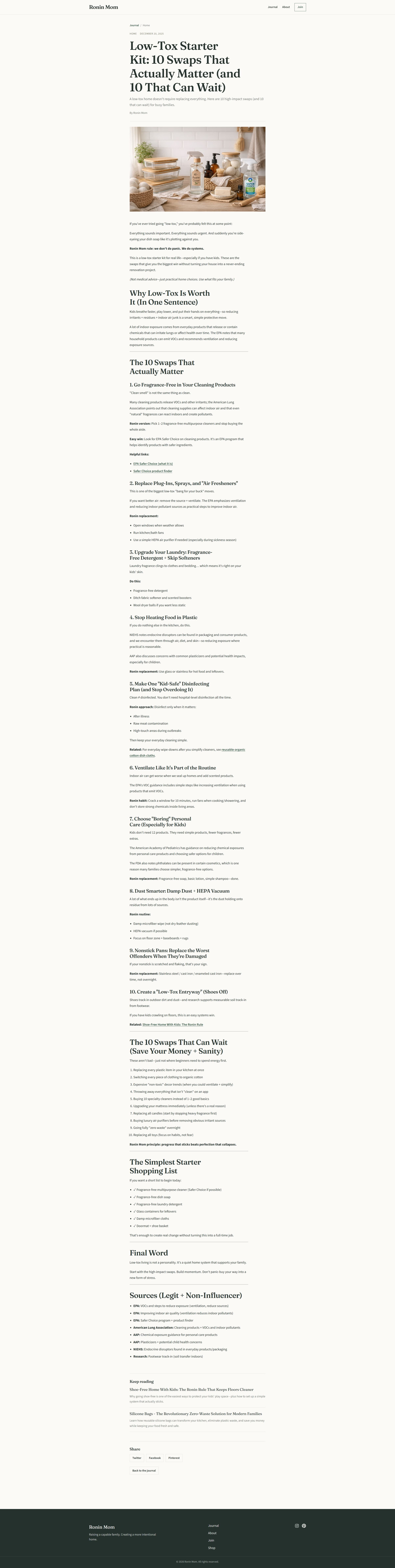 Ronin Mom article page for “Low-Tox Starter Kit” with a large hero image, clear serif headings, numbered swaps, Ronin verdict callouts, a starter shopping list, sources, and related reading links.