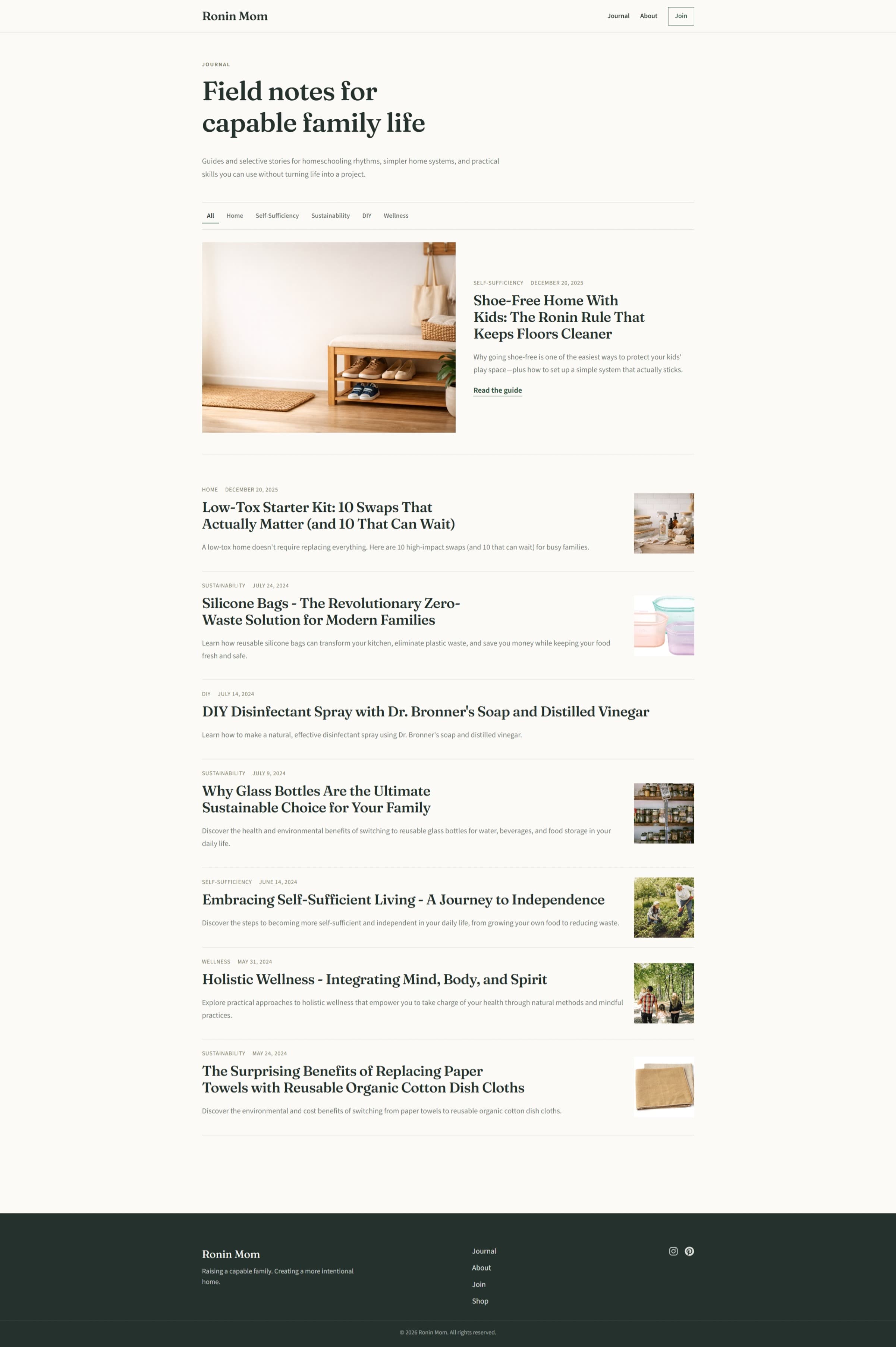 Ronin Mom Journal page titled “Field notes for capable family life,” with category filters for All, Home, Self-Sufficiency, Sustainability, DIY, and Wellness, a featured guide, and a scannable article list.