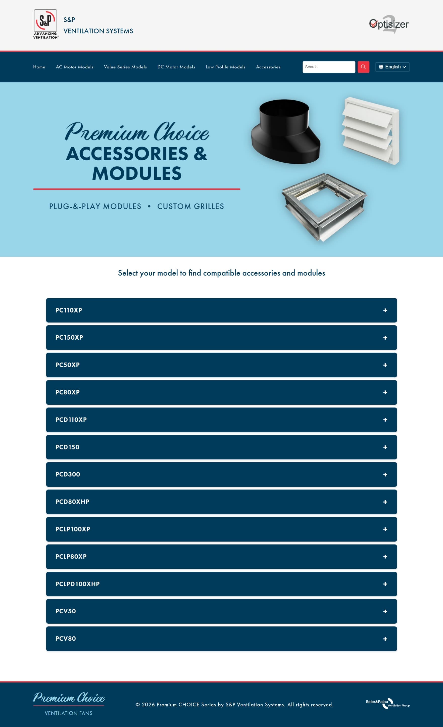 Premium Choice accessories and modules page with an expandable, model-based selector listing product codes to find compatible accessories.