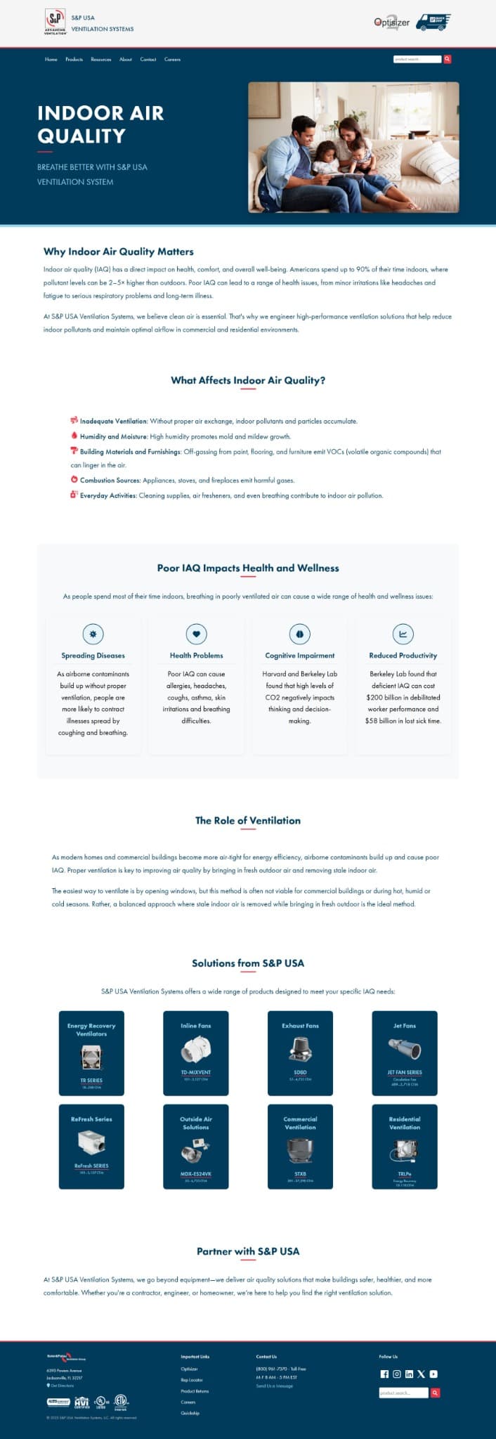 S&P USA Indoor Air Quality landing page with long-form educational content, a health-and-wellness section, and a grid of ventilation product solutions.