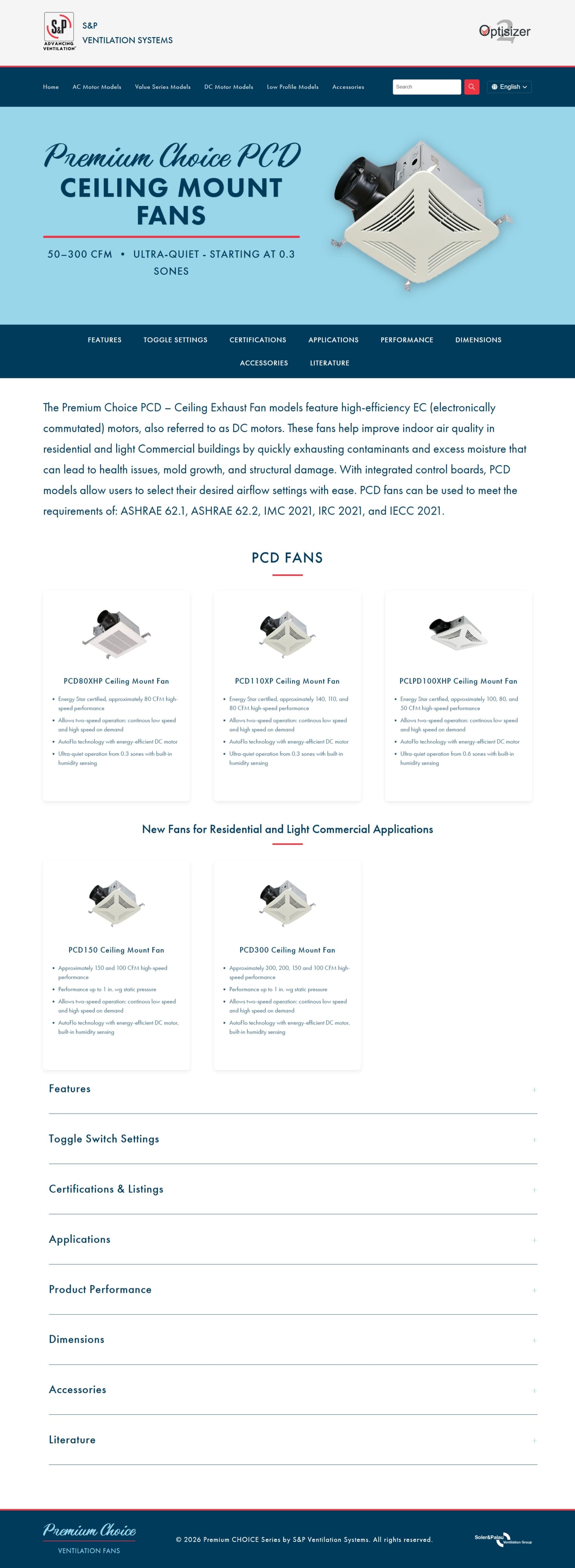 Premium Choice PCD ceiling-mount fan product page showing multiple model cards with specs and reusable product-detail sections.