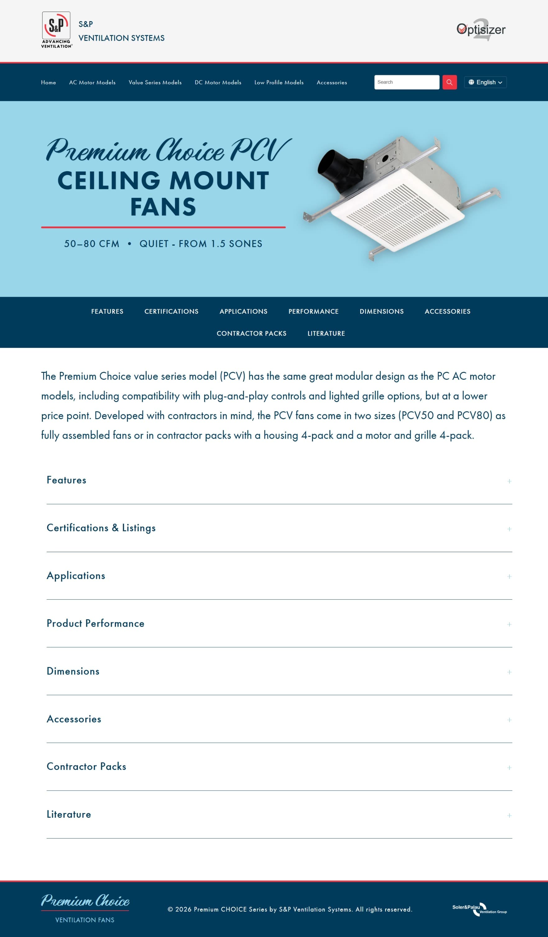 Premium Choice PCV ceiling-mount fan product page with a hero, in-page sub-navigation, and expandable accordion sections for features, certifications, applications, and dimensions.