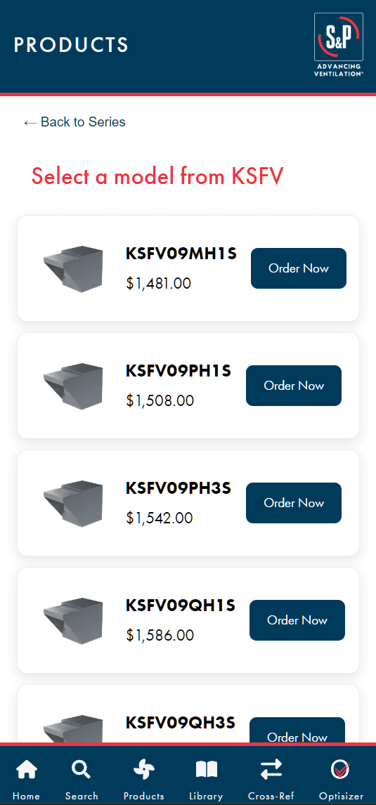 S&P field app model list for the KSFV series showing individual models with prices and Order Now buttons.