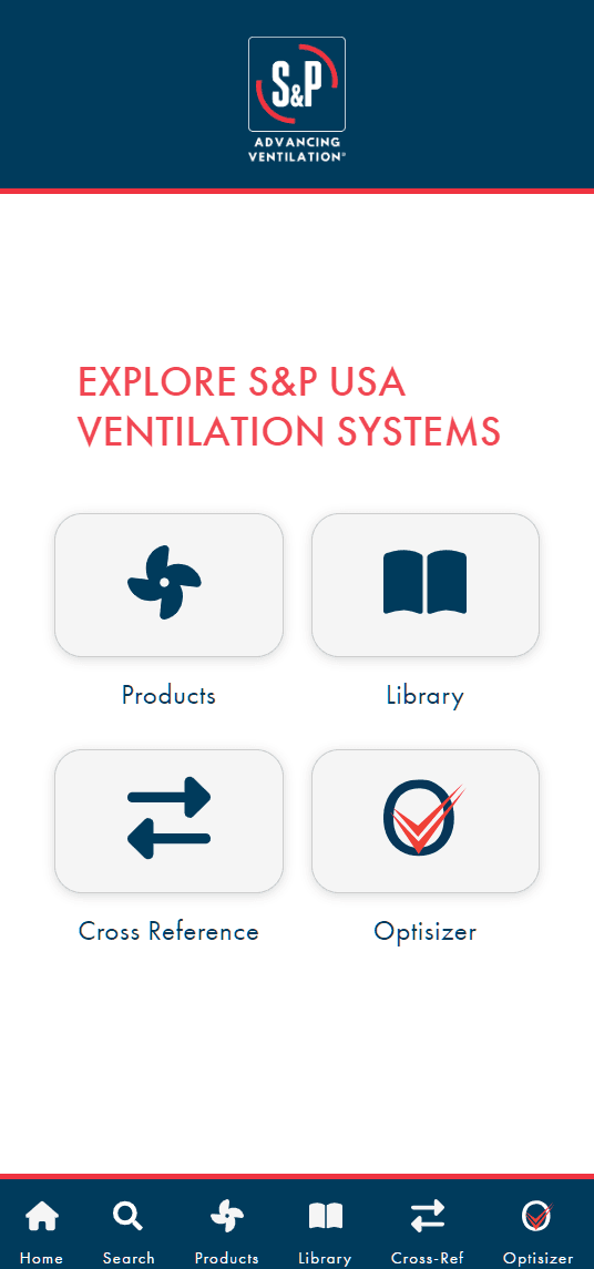 S&P field app home screen (progressive web app) with tiles for Products, Library, Cross Reference, and Optisizer and a bottom navigation bar.
