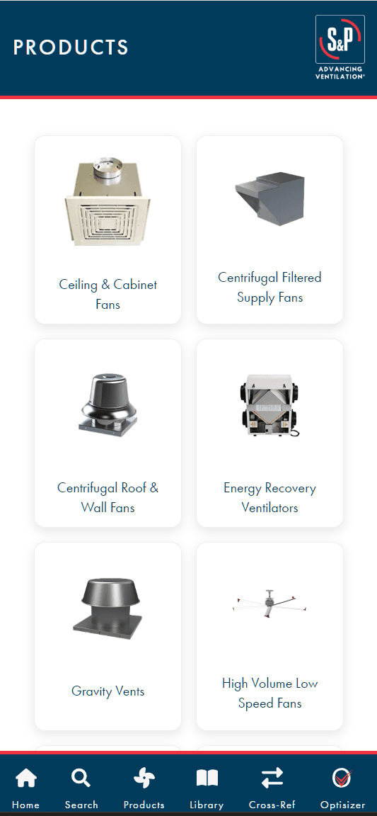 S&P field app products screen showing a grid of ventilation product categories with product images and labels.