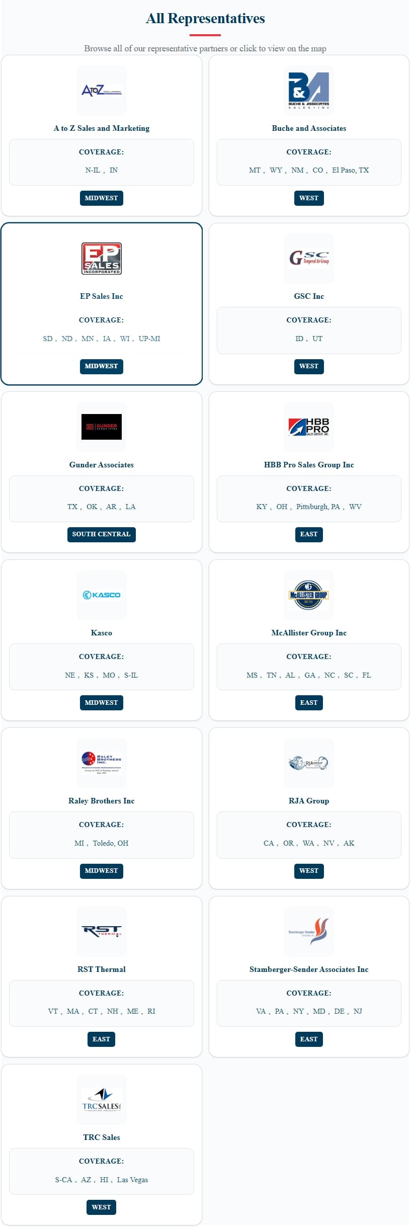 S&P rep-locator directory listing sales-representative cards, each with a company logo, coverage states, and a regional badge such as Midwest, West, or East.