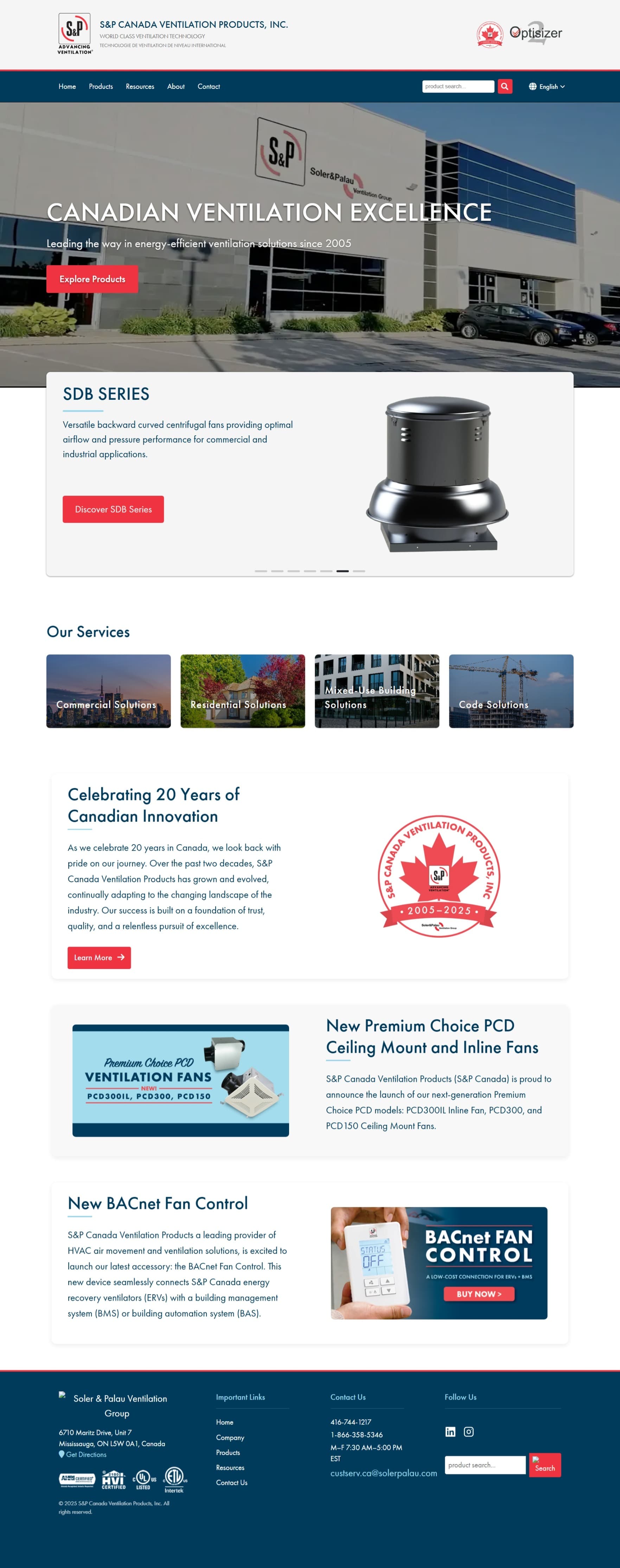 S&P Canada homepage with a hero, SDB Series highlight, a services grid, a 20-years-in-Canada section, and an English/French language toggle.