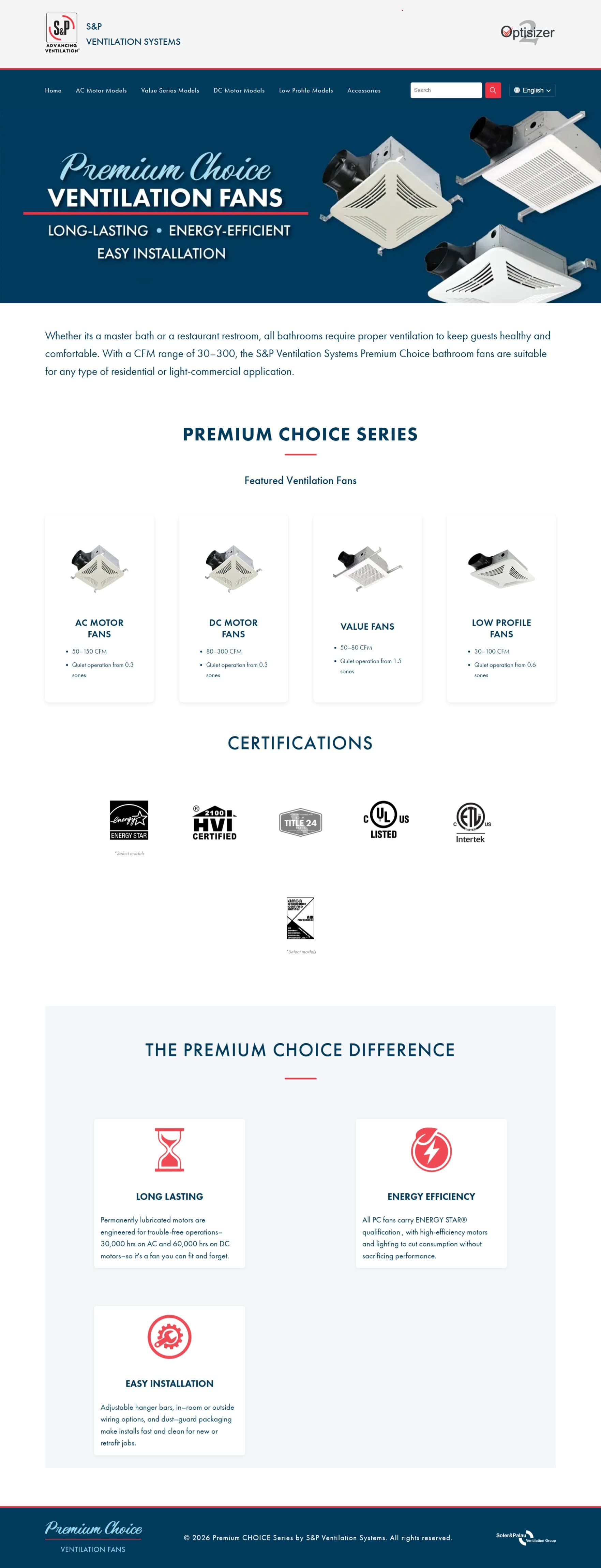 Premium Choice ventilation fans landing page showing featured fan-series cards, certification logos, and a Premium Choice Difference section.