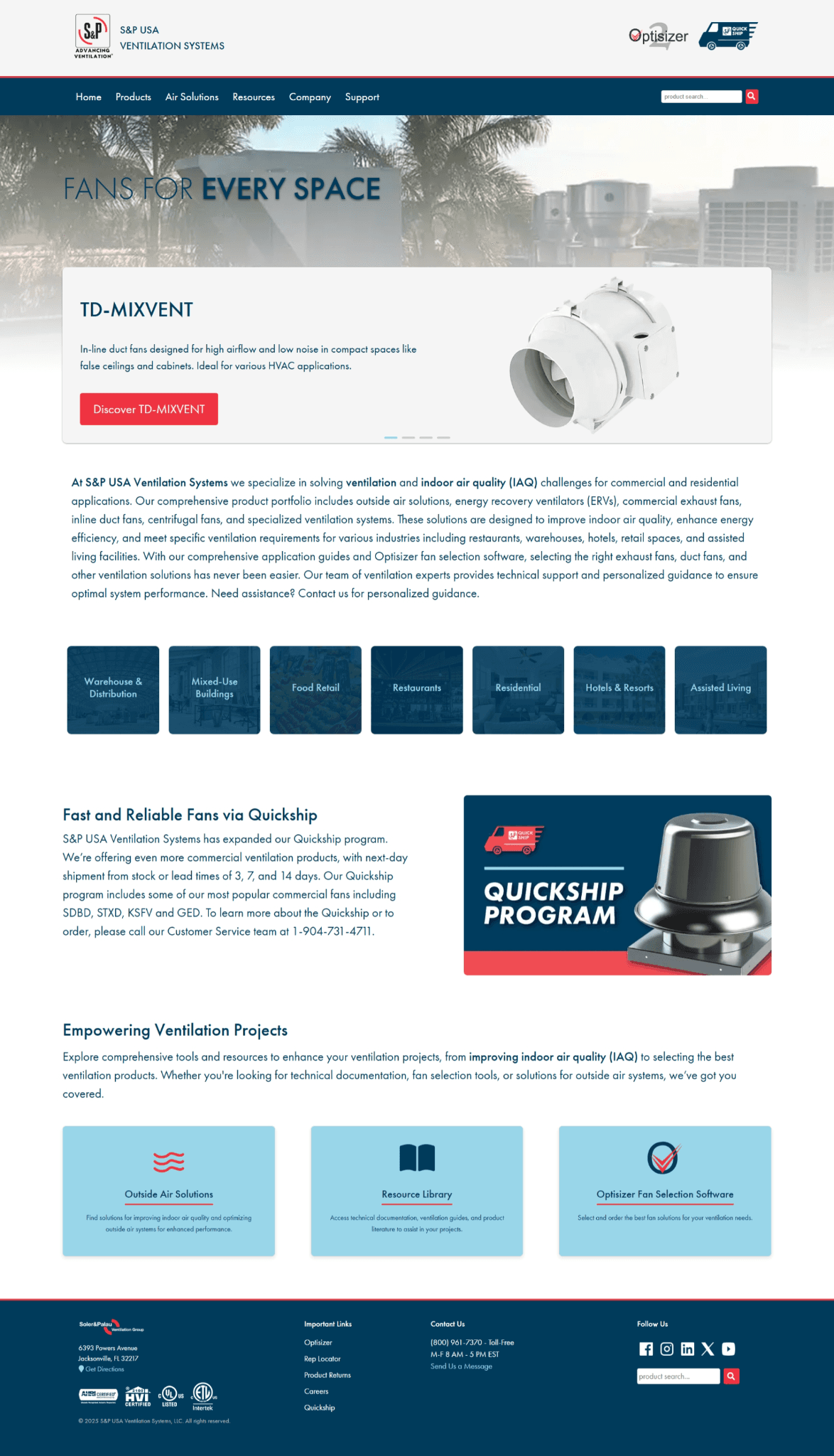 S&P USA Ventilation Systems homepage with a hero banner, a featured TD-MIXVENT product, industry-segment tiles, the Quickship program section, and footer links.