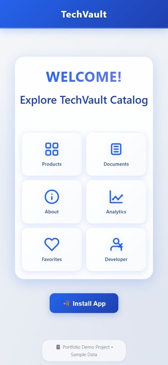 TechVault home hub with tiles for Products, Documents, About, Analytics, Favorites, and Developer, plus an Install App button.