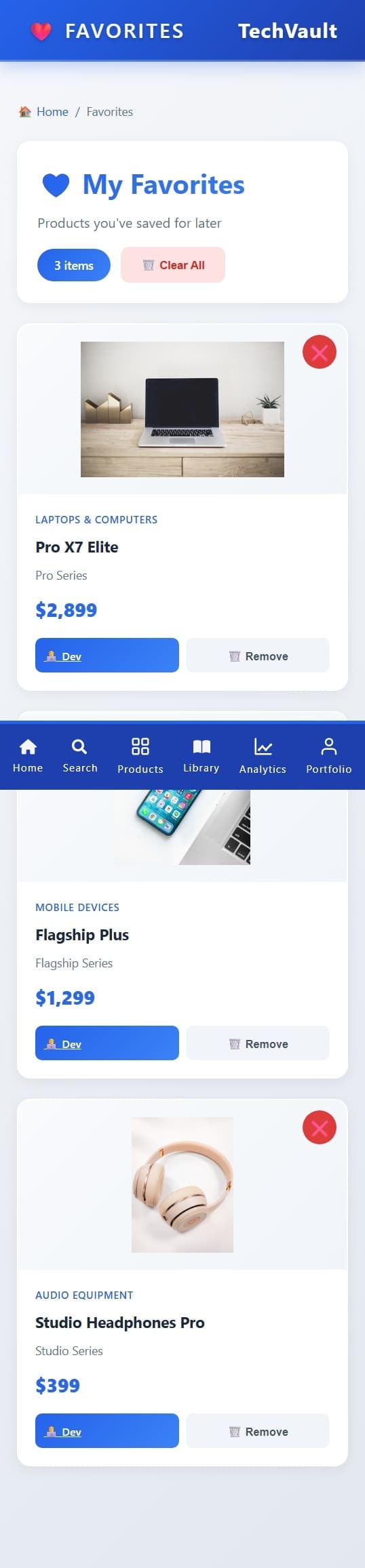 TechVault favorites view listing saved products with remove actions.
