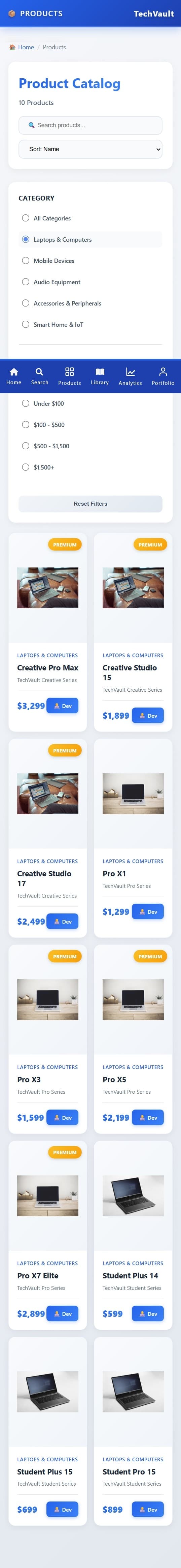 TechVault product catalog with category and price-range filters and a grid of product cards showing prices.