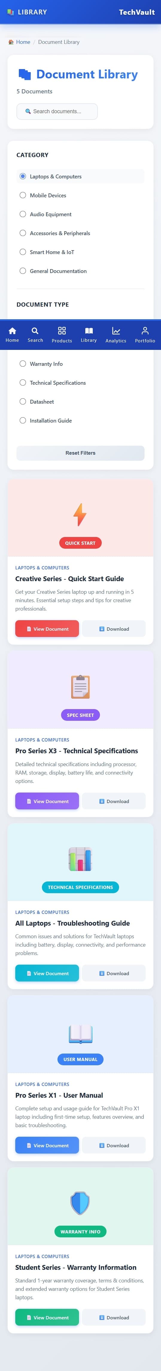 TechVault document library with category and document-type filters and downloadable document cards such as quick-start guides, specifications, and manuals.